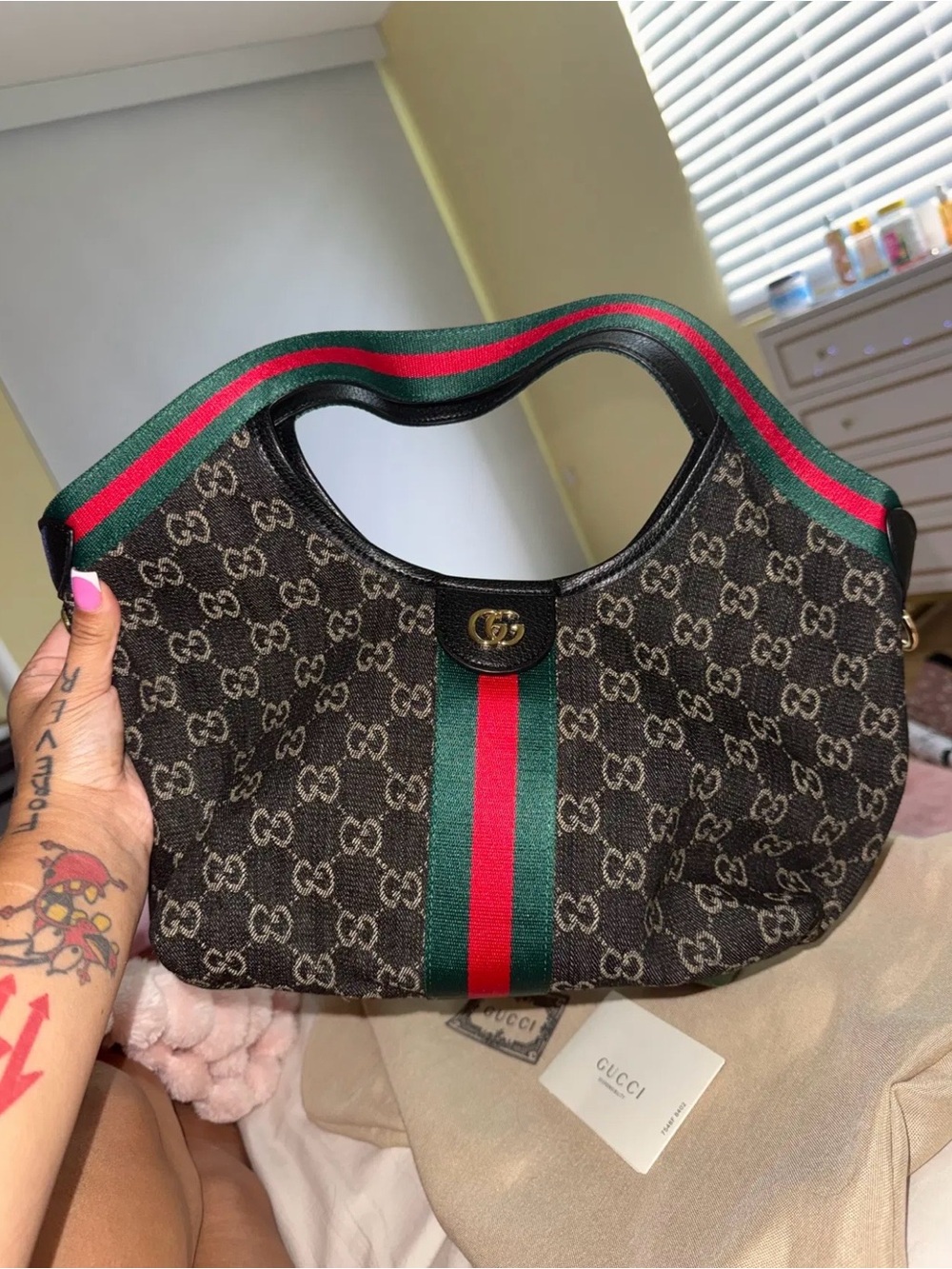 Gucci Brown GG Canvas Shoulder Bag with Green and Red Web